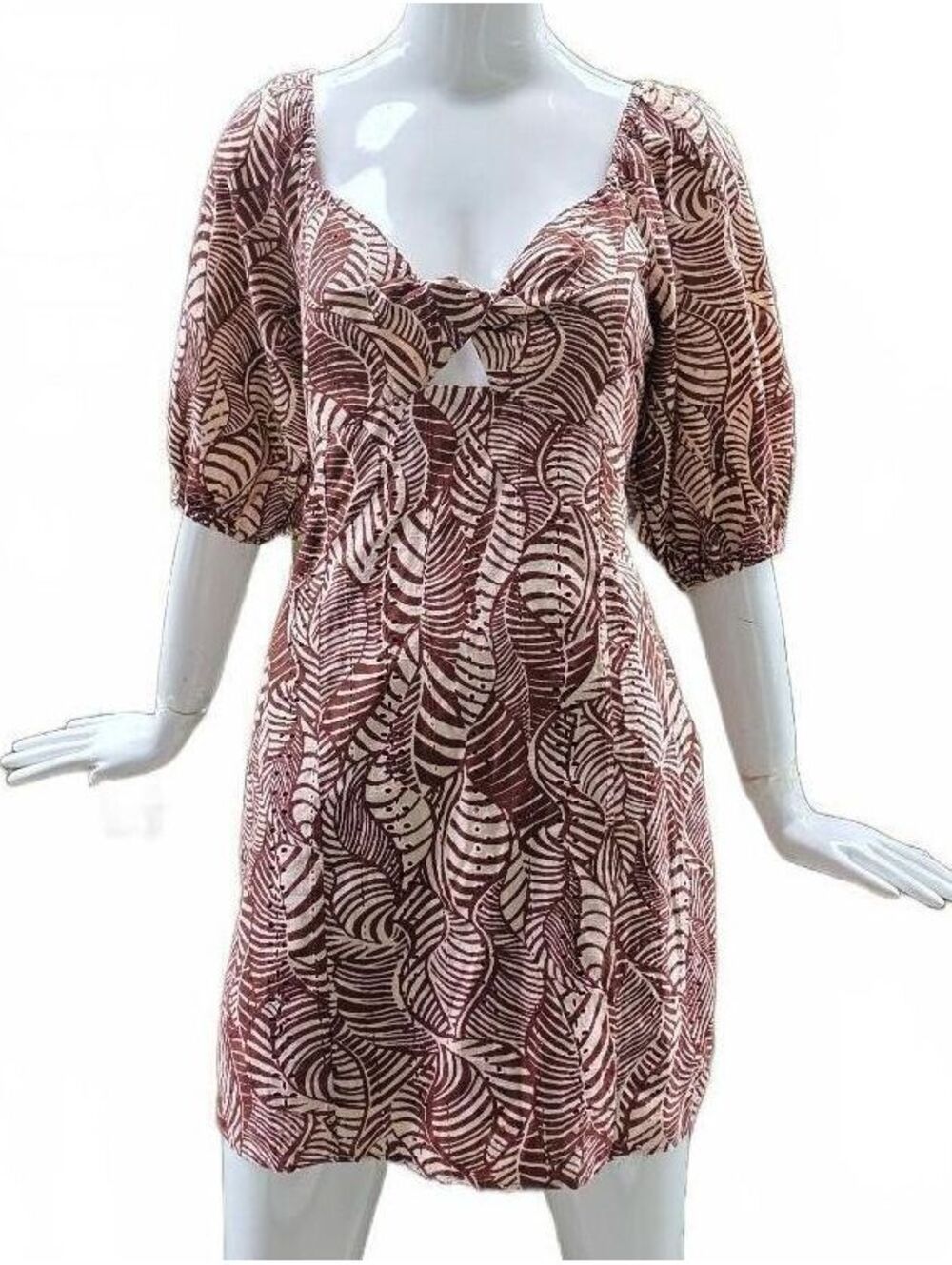 MNG Boho Brown Palm Leaf Cotton Eyelet Smocked Cutout Milkmaid Mini Dress L  NWT